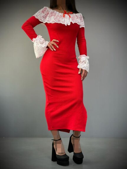 پیراهن گیپور دار تک رنگ‌قرمز